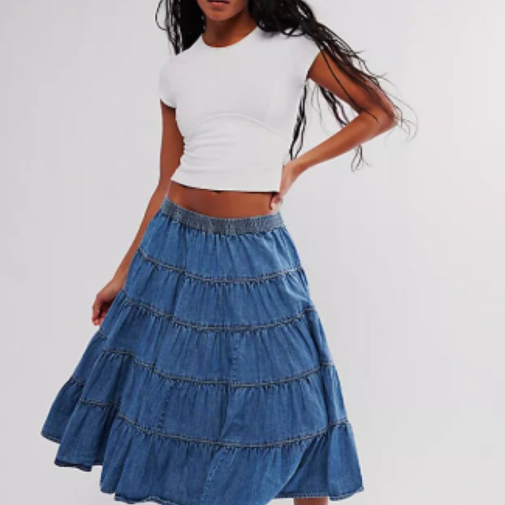 Free People In Full Swing Chambray Midi Skirt Tiered Cool Blue Medium
